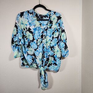 Nue Options Floral Tie-Front Blouse with V-Neck 3/4 Length Sleeves Size PL